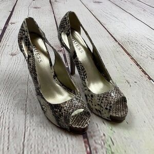 UEC Guess snake print 1in platform peep toe leather heels 8.5